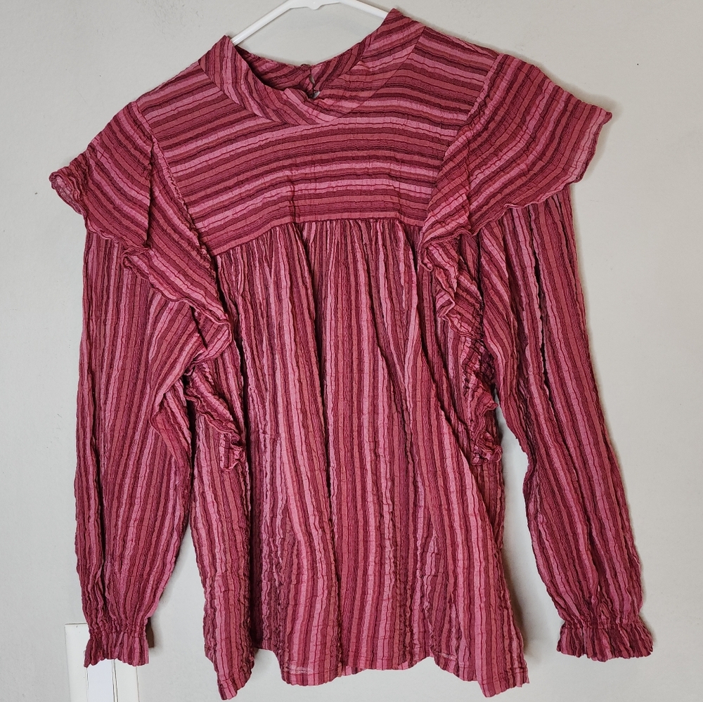 Masscob Ruffle Long Sleeve Blouse Shirt Crinkle Cotton Pink Red Stripe XS